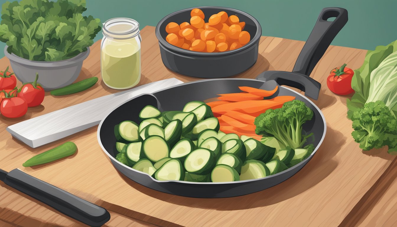 Fresh vegetables being chopped on a wooden cutting board, while a skillet sizzles with lean protein on the stove. A meal prep container sits nearby, ready to be filled with nutritious keto-friendly ingredients