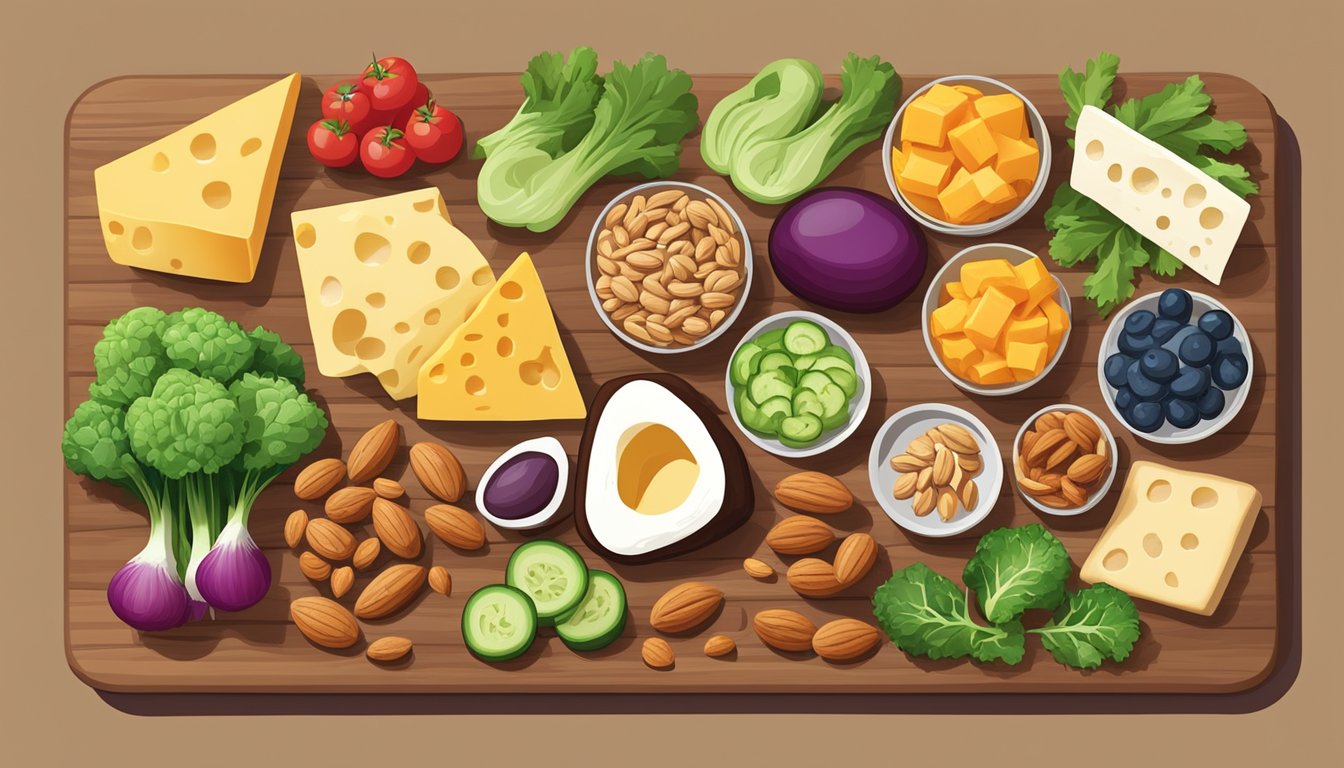 A colorful array of keto-friendly snacks, including nuts, cheese, and vegetables, arranged neatly on a wooden cutting board