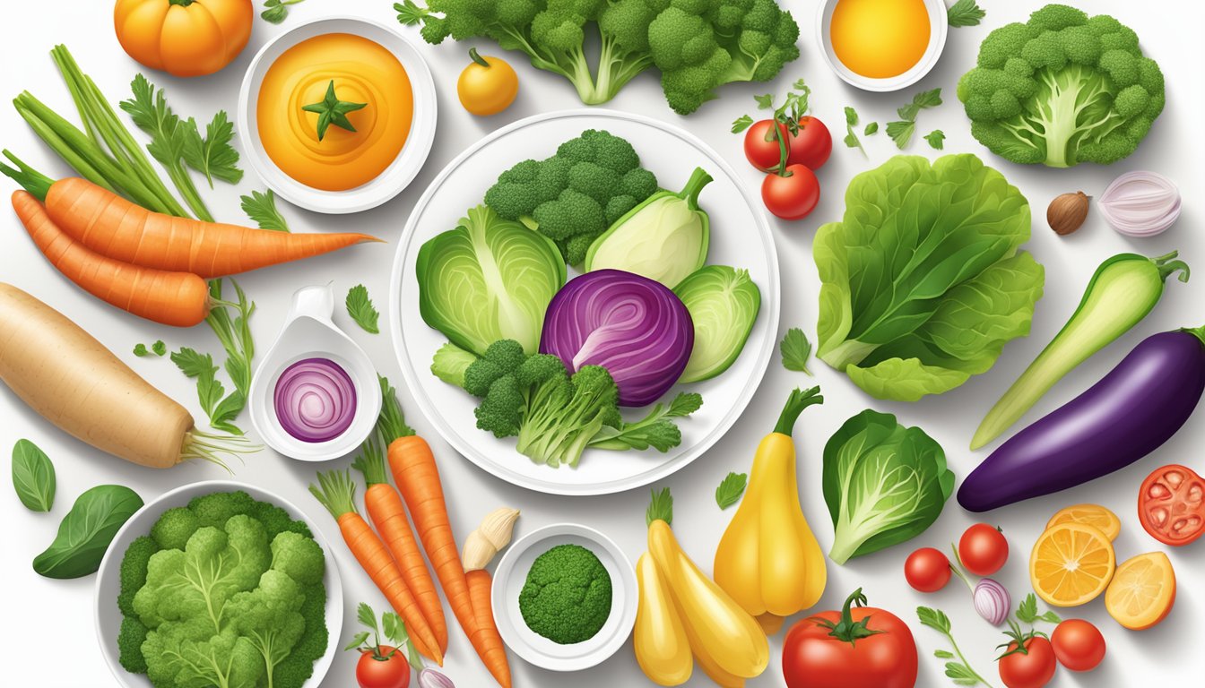 A colorful array of fresh vegetables, lean proteins, and healthy fats arranged on a clean, white plate