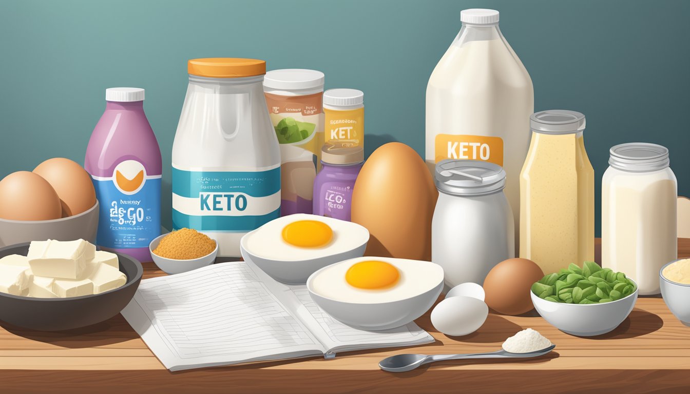 A variety of dairy and egg staples neatly arranged on a wooden table with a keto diet grocery list next to them