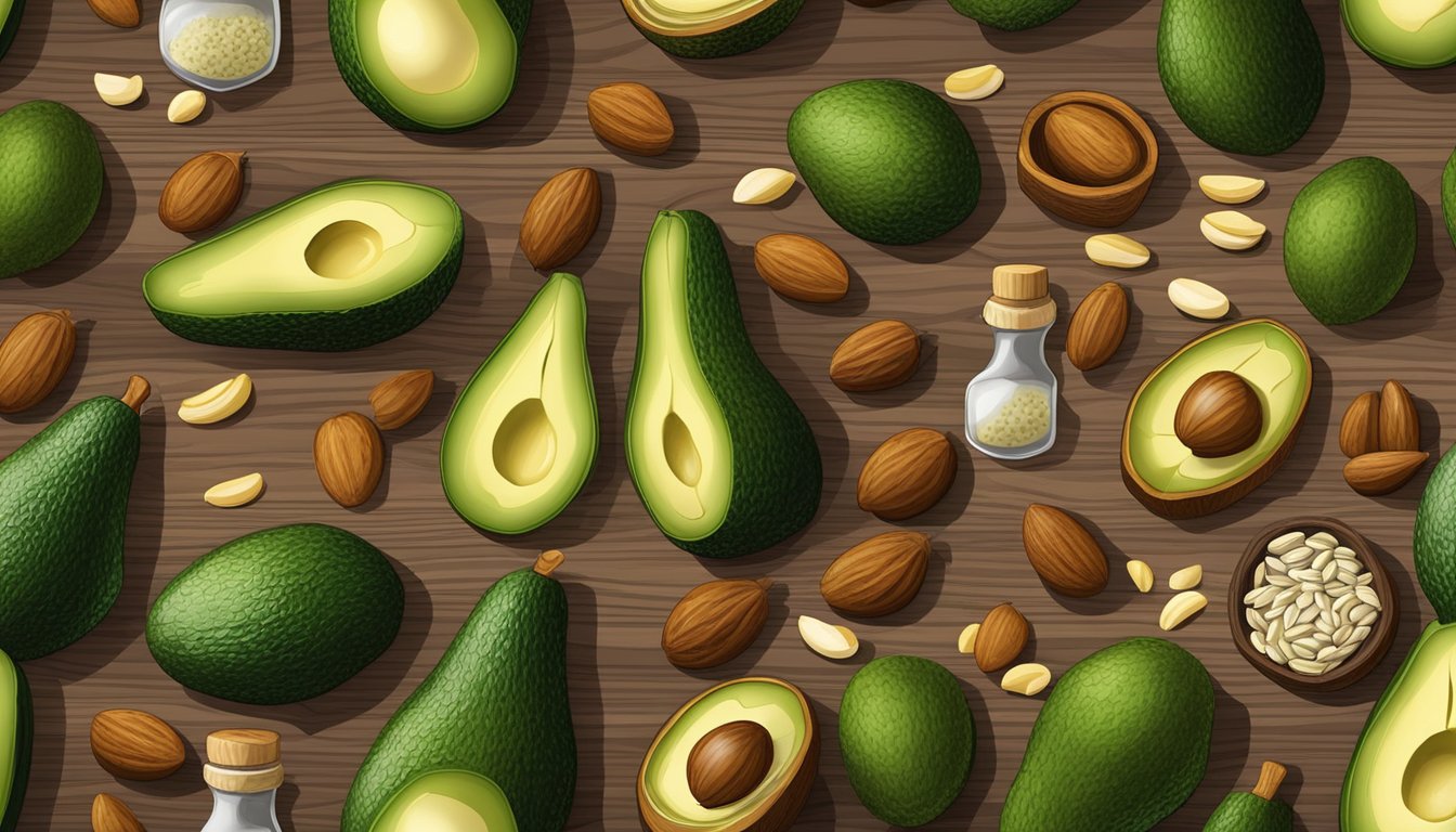 A variety of avocados, nuts, seeds, and olive oil arranged on a wooden cutting board