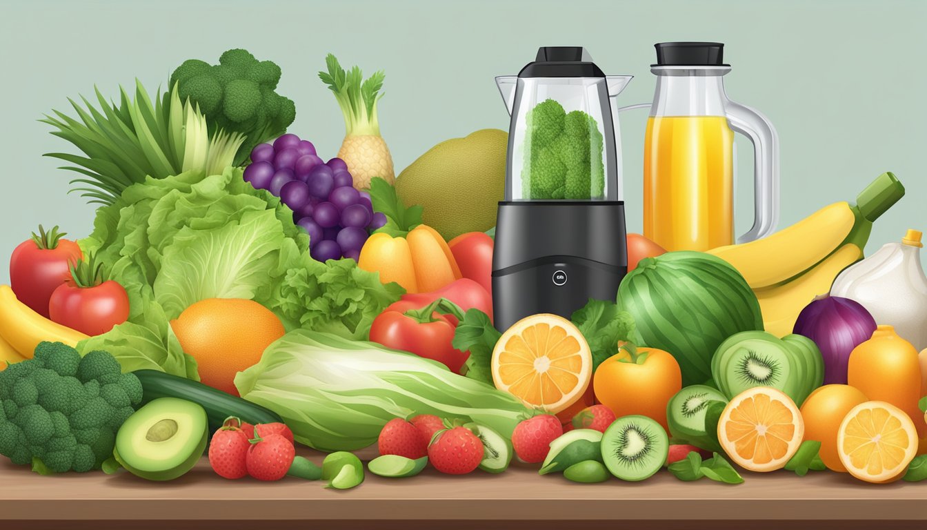 A table with a variety of fresh low-carb fruits and vegetables, a blender, and a bottle of MCT oil and collagen powder