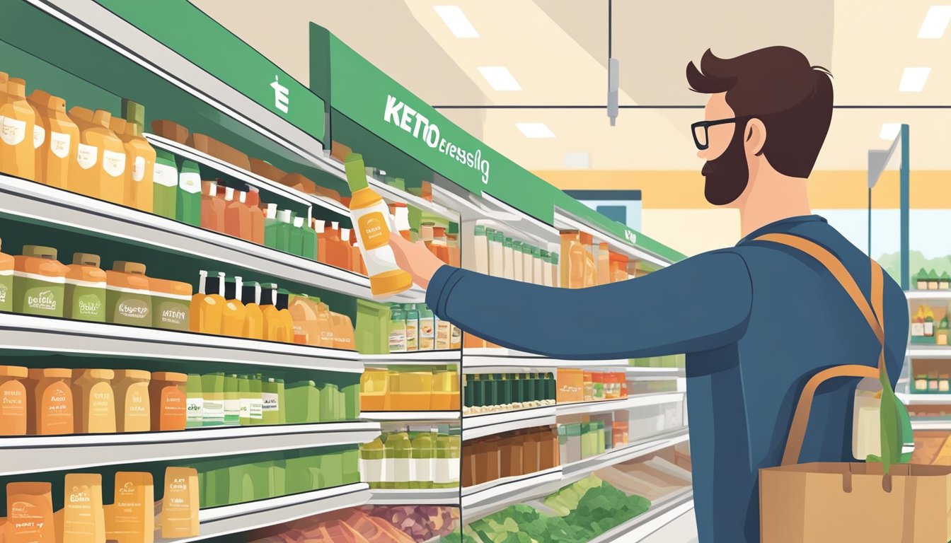 A person reaching for a bottle of keto-friendly salad dressing on a supermarket shelf