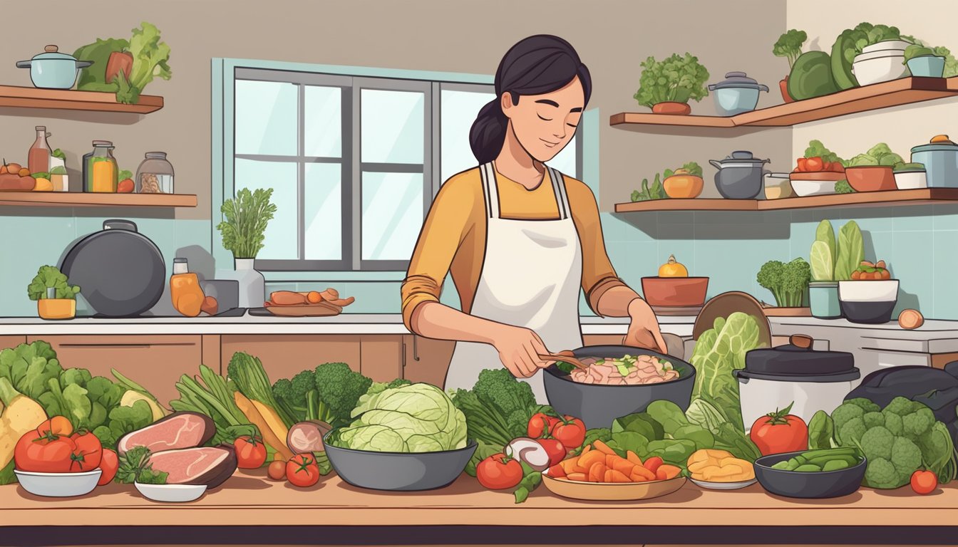 A person preparing keto-friendly meals, surrounded by fresh vegetables, lean meats, and healthy fats