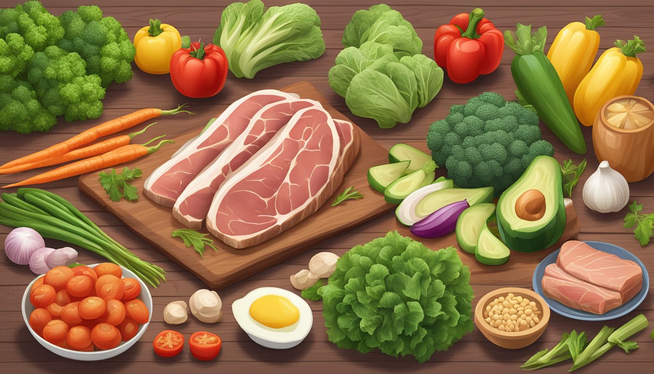 A colorful array of low-carb vegetables, lean meats, and healthy fats spread out on a wooden cutting board