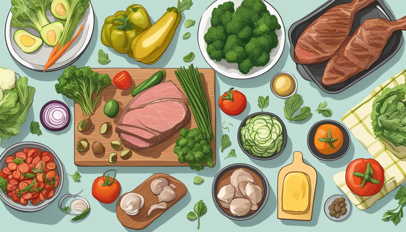 A kitchen counter with various fresh vegetables, lean meats, and healthy fats laid out for preparing keto dinner recipes