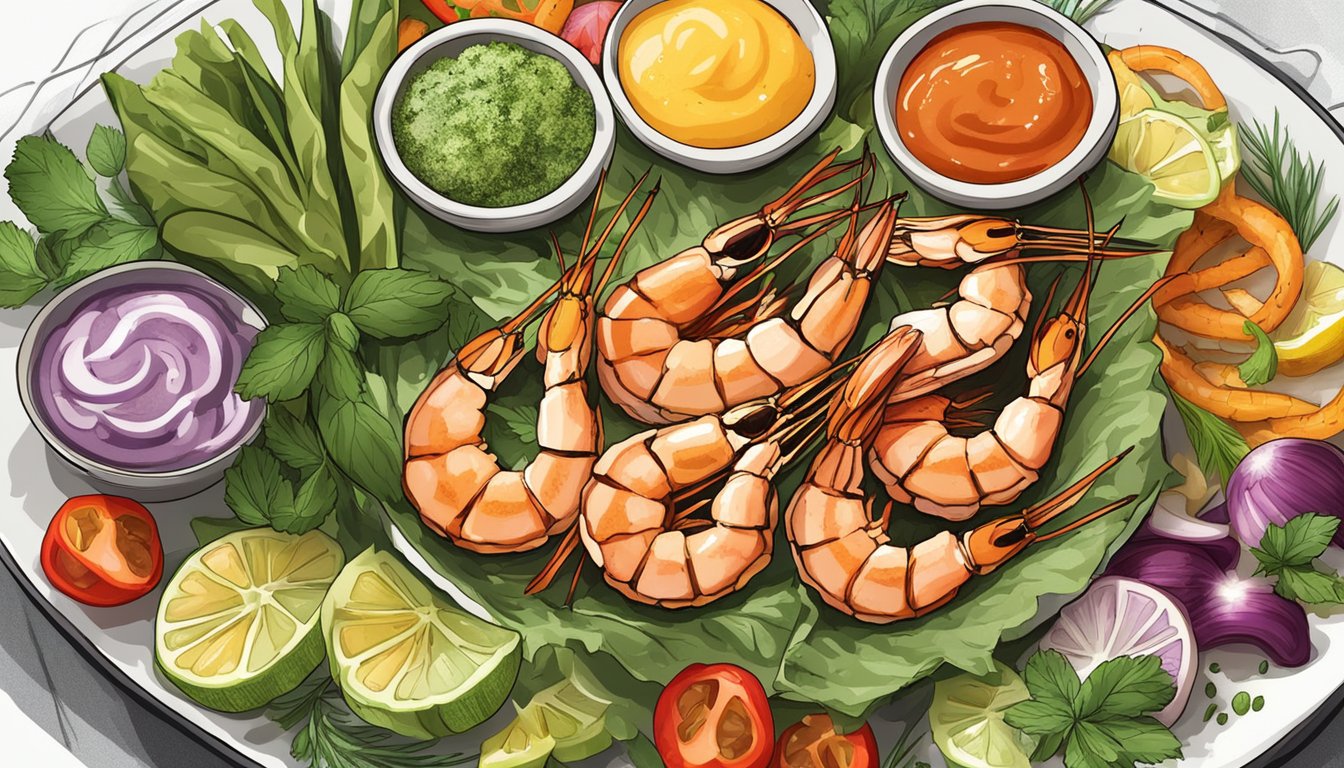 A plate of grilled shrimp drizzled with keto-friendly flavor enhancers and sauces, surrounded by fresh herbs and colorful vegetables