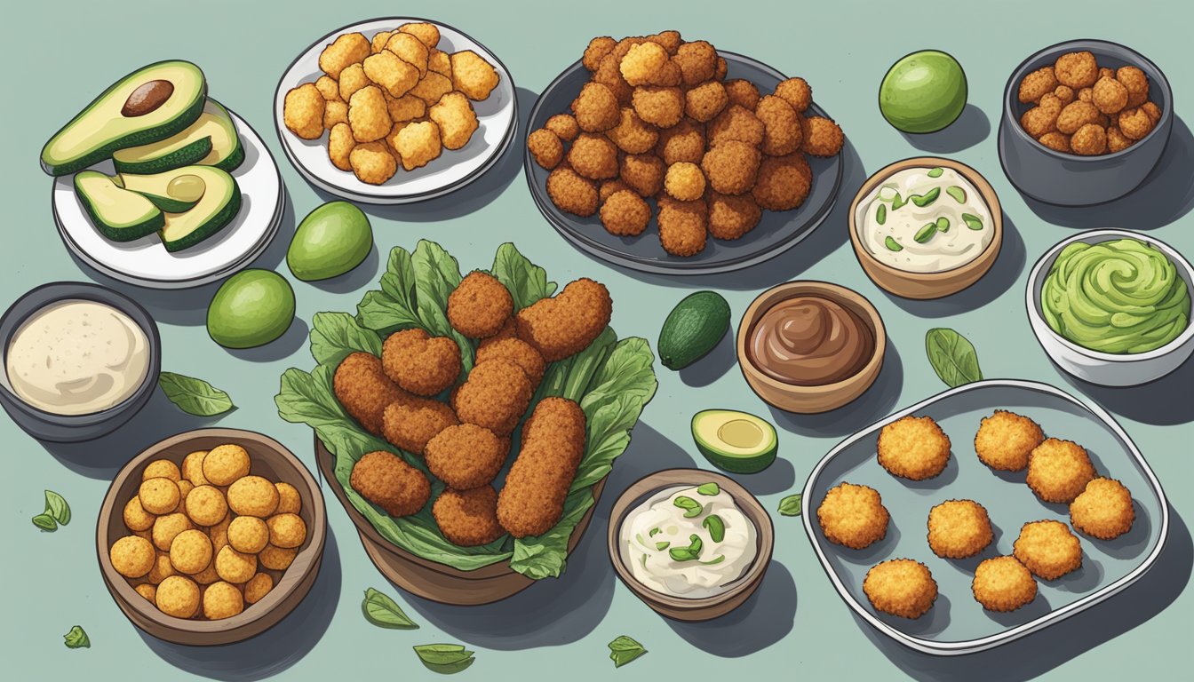 A table set with a variety of keto-friendly snacks and sides, including avocado fries, cauliflower tots, and zucchini chips