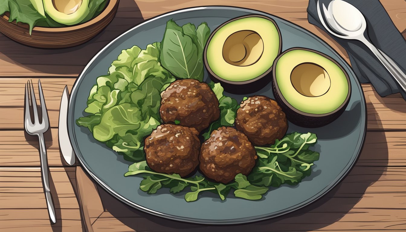 A plate of keto meatballs with a side of leafy greens and avocado slices on a wooden table