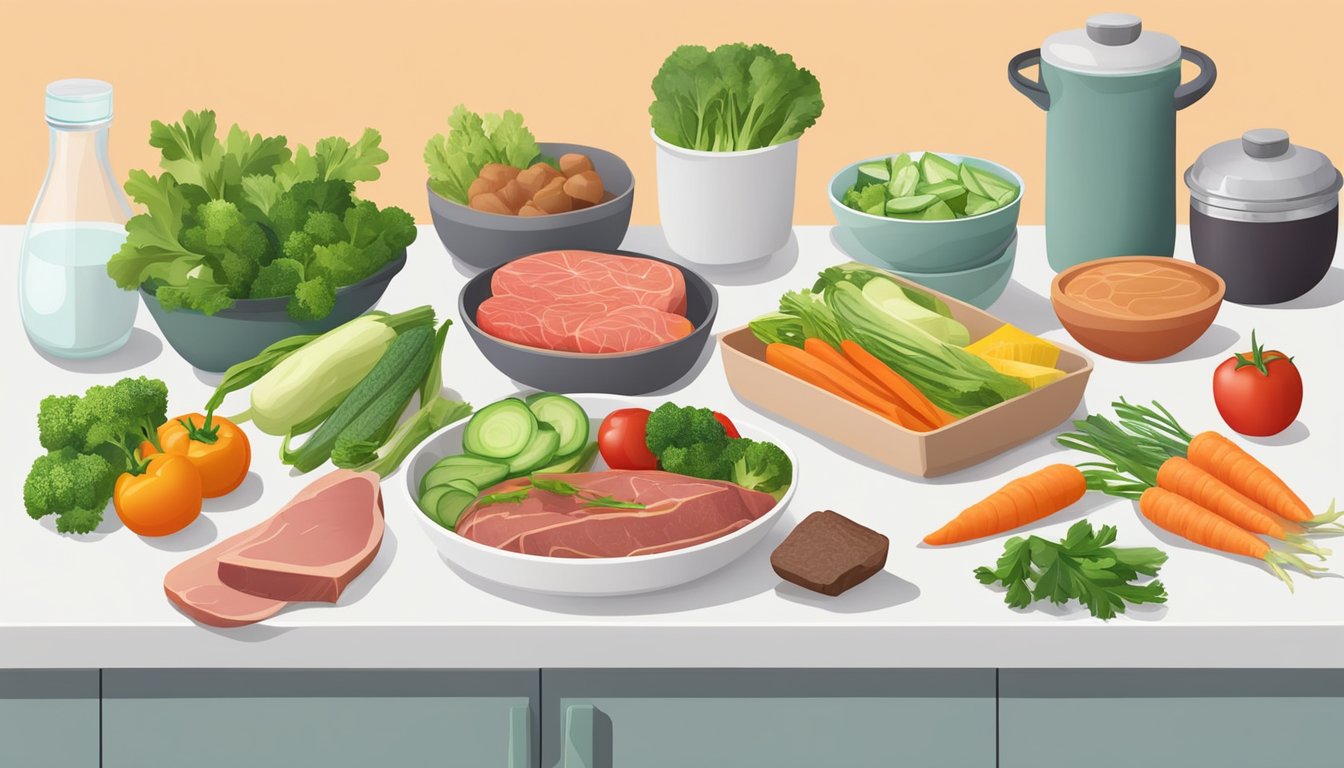 A kitchen counter with various fresh vegetables, lean meats, and healthy fats laid out for meal preparation