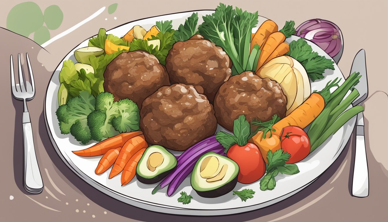 A plate of keto diet meatballs surrounded by colorful vegetables and herbs, with a nutrition label and keywords such as "low-carb" and "high-protein."