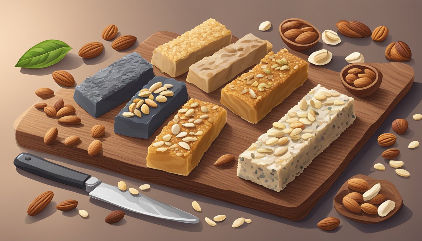 A variety of keto diet bars arranged on a wooden cutting board with assorted nuts and seeds scattered around