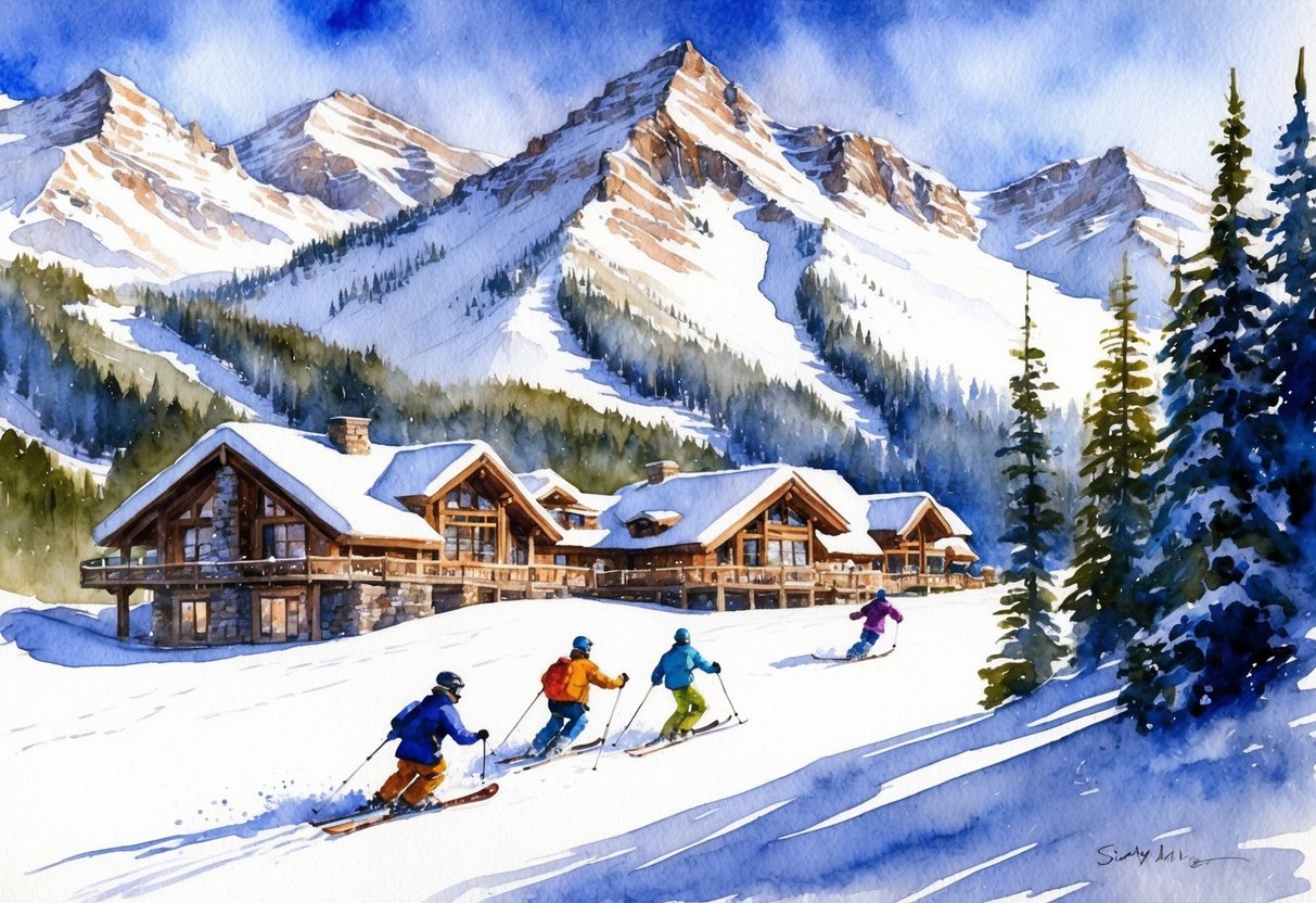 Snow-covered peaks tower over cozy ski lodges, nestled in the Sierra Nevada. Skiers carve fresh tracks down pristine slopes, with breathtaking views of the rugged landscape