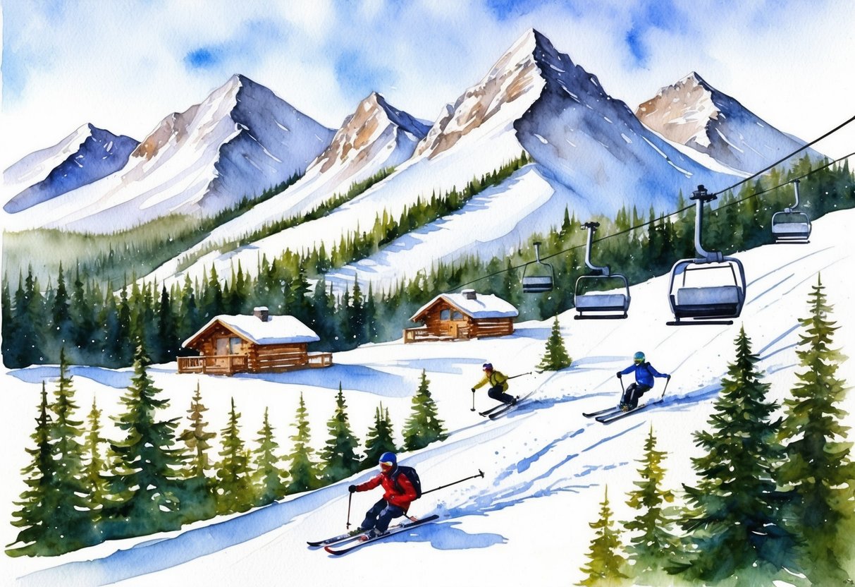 Snow-covered peaks rise above cozy cabins nestled in the pine forest. Skiers carve fresh tracks down pristine slopes, while chairlifts whisk riders to breathtaking views