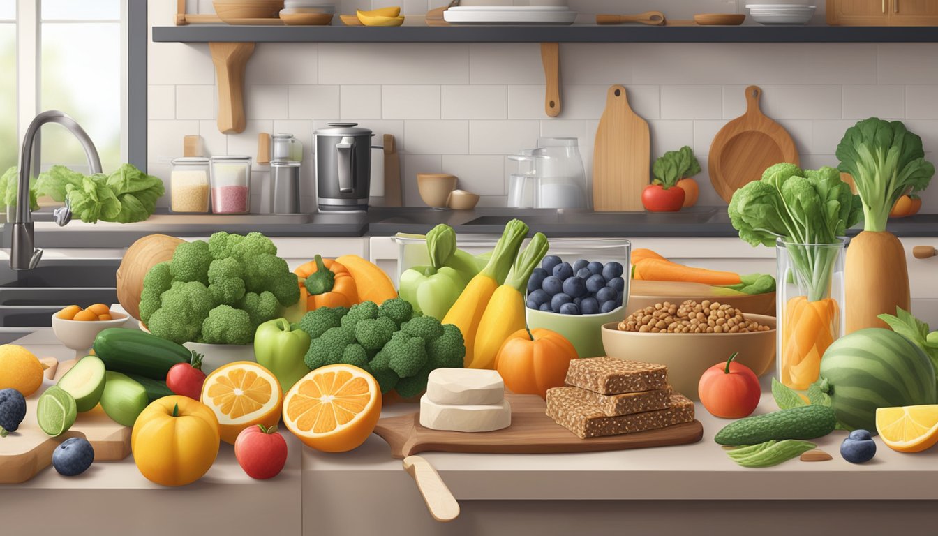 A kitchen counter with a variety of keto diet bars, surrounded by fresh fruits and vegetables