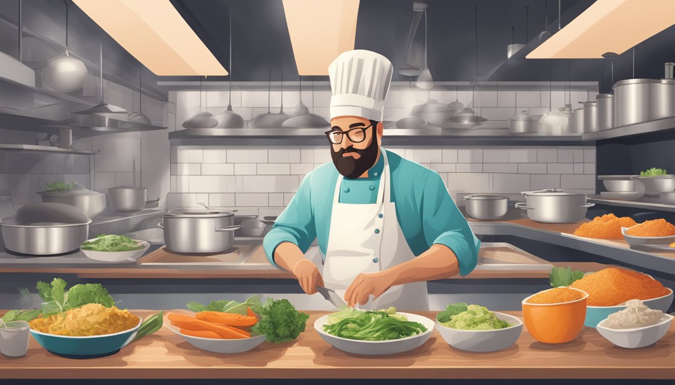 A chef in a restaurant kitchen, substituting traditional ingredients with keto-friendly options to create popular dishes