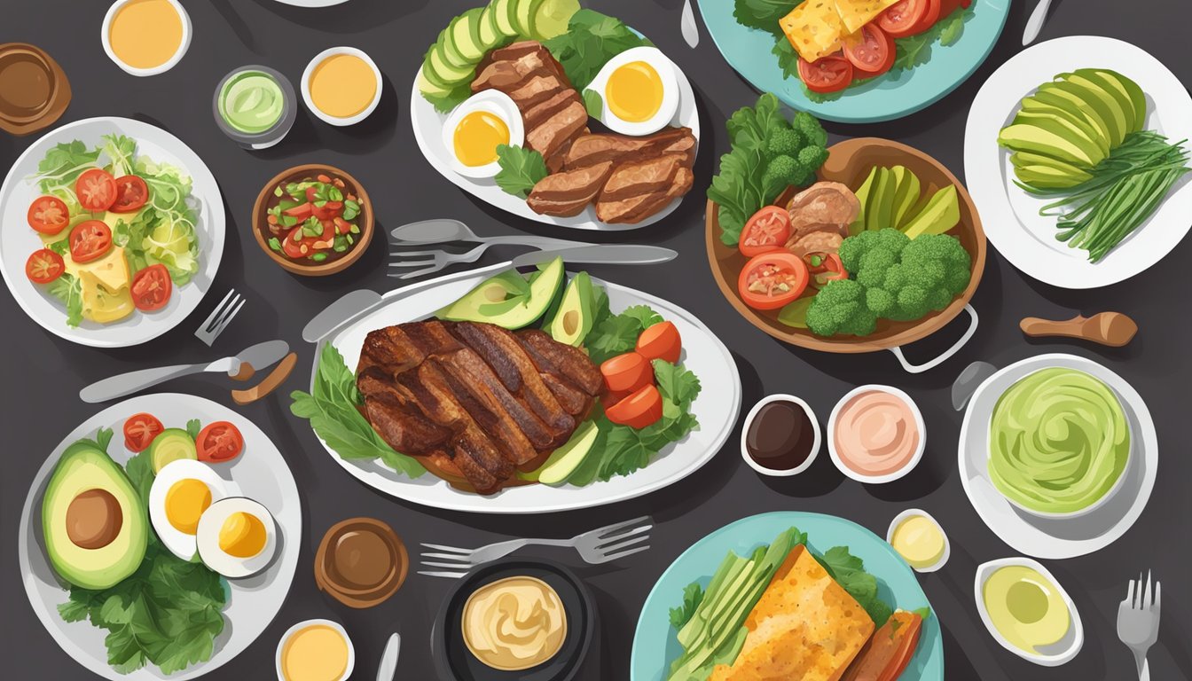 A table set with keto-friendly dishes at a themed restaurant, featuring low-carb options like grilled meats, fresh vegetables, and avocado-based dressings