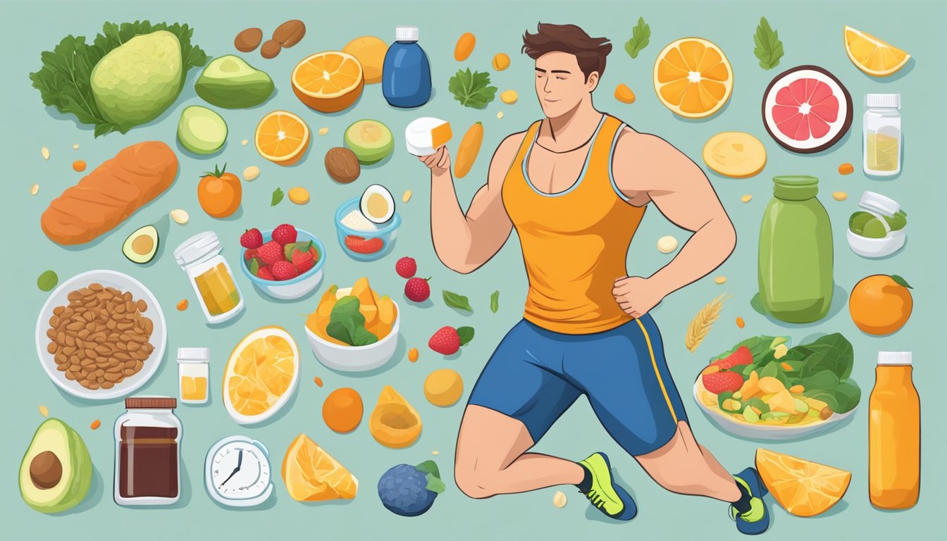 A runner on a keto diet takes a supplement before a workout, surrounded by healthy, low-carb foods and sports equipment