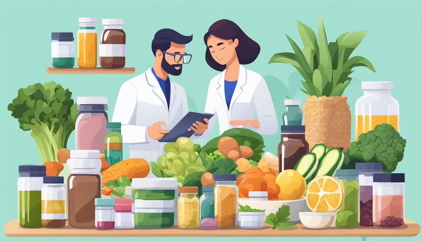 A dietitian advising on keto supplements, surrounded by various food and supplement options