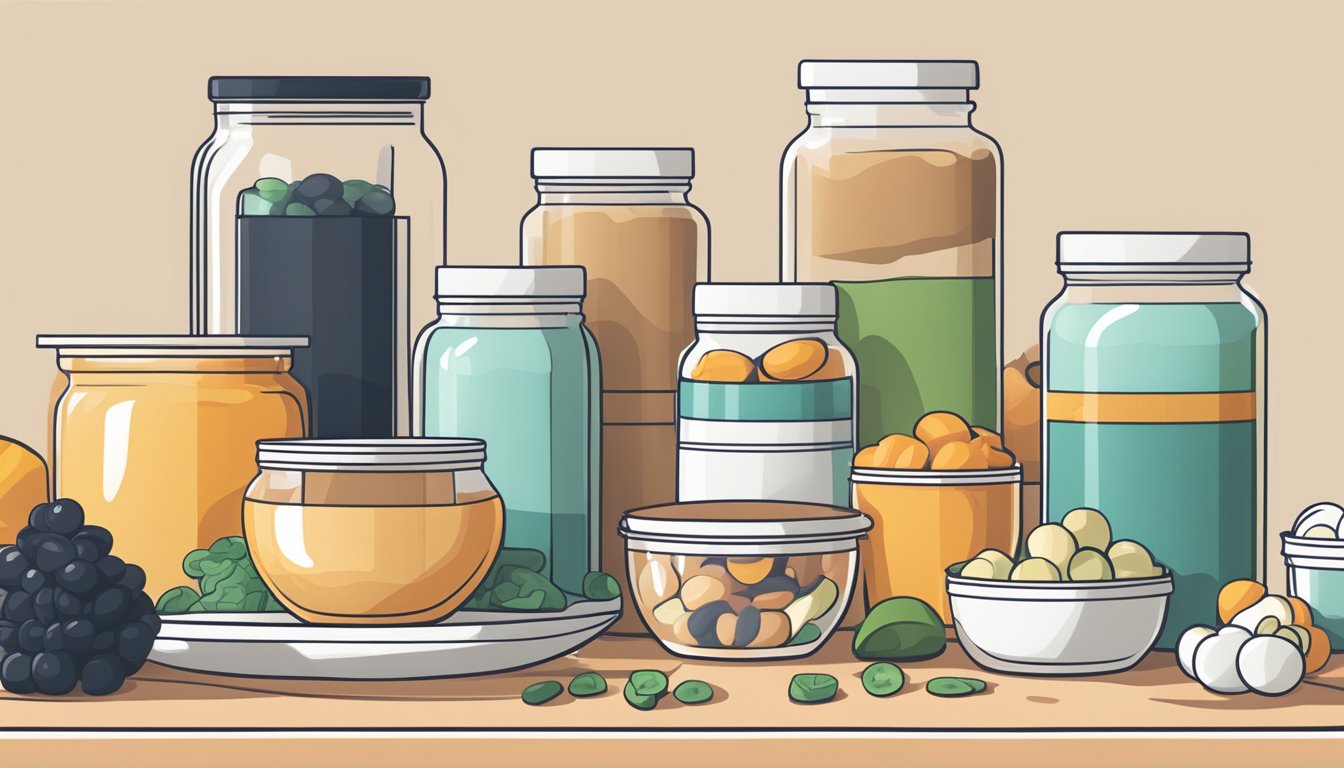 A kitchen counter with a variety of keto-friendly foods and supplements neatly arranged in a modern, minimalist style