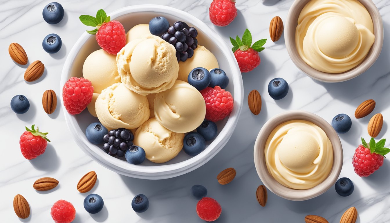 A bowl of keto ice cream surrounded by fresh berries and nuts on a marble countertop