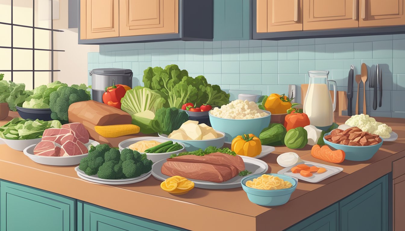 A kitchen counter with a variety of low-carb, high-fat foods and ingredients, including vegetables, meats, and dairy products, laid out for meal planning on a keto diet cycle