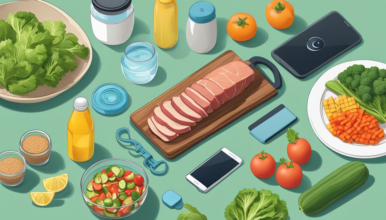 A kitchen counter with fresh vegetables, lean meats, and healthy fats arranged for meal prep, alongside a fitness tracker and water bottle