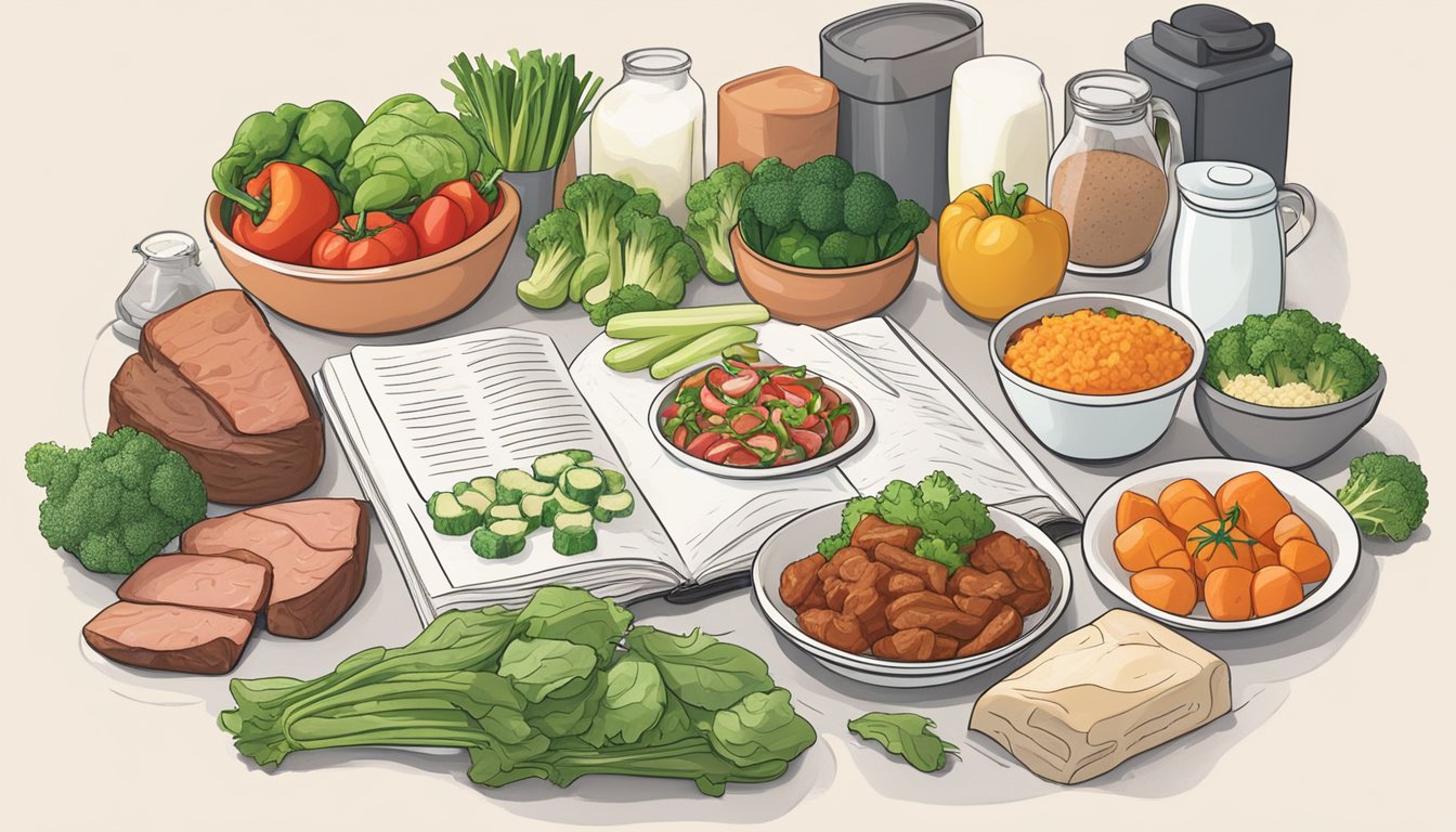 A kitchen counter with a variety of fresh vegetables, lean meats, and low-carb dairy products arranged neatly next to a cookbook open to a page of keto casserole recipes