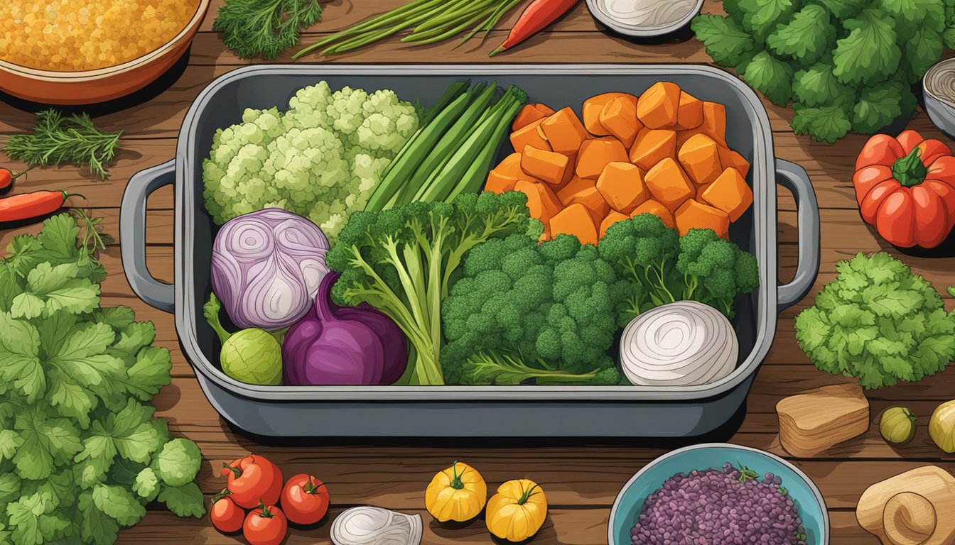 A neatly arranged keto casserole dish surrounded by colorful vegetables and herbs on a rustic wooden table