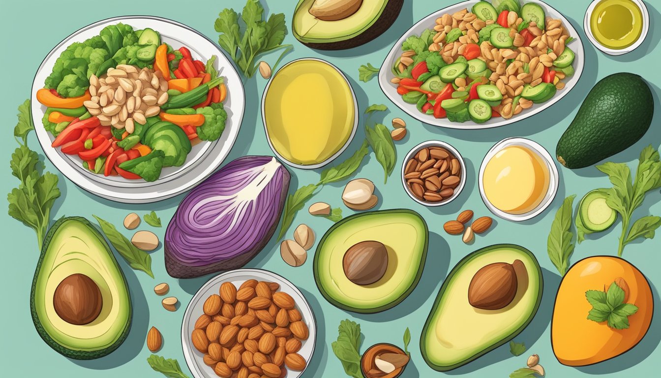 A colorful plate with a variety of low-carb vegetables, healthy fats, and lean protein, surrounded by keto-friendly ingredients like avocados and nuts