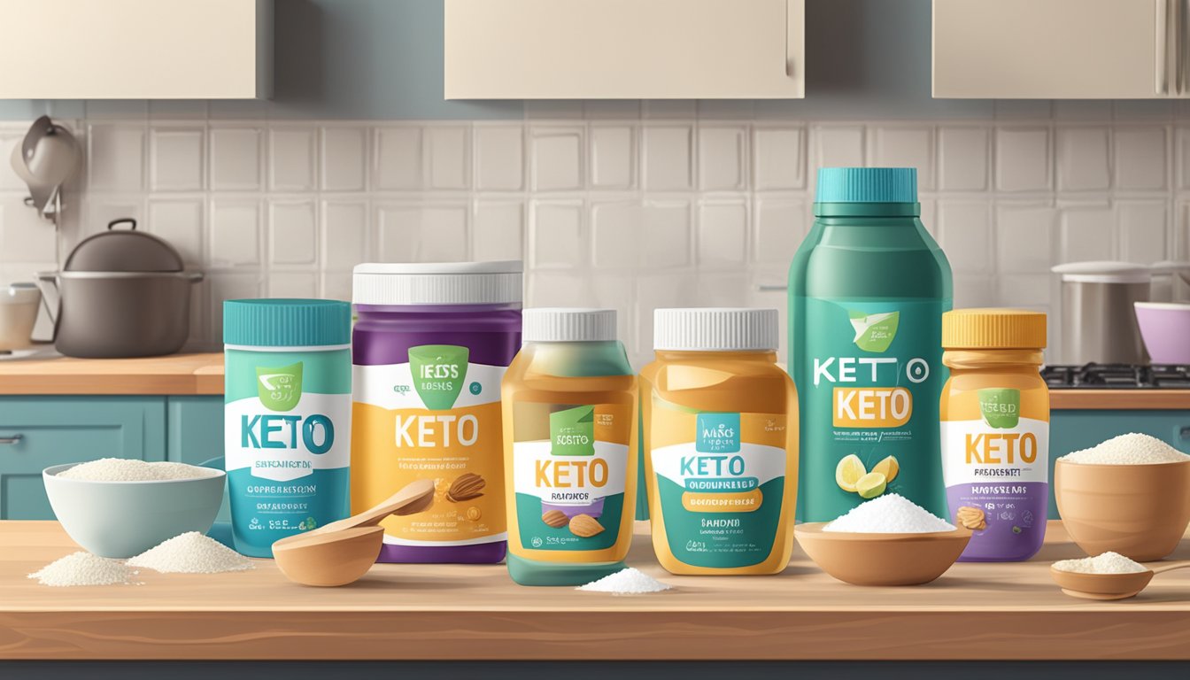 A variety of keto-friendly sweeteners and alternatives arranged on a kitchen countertop