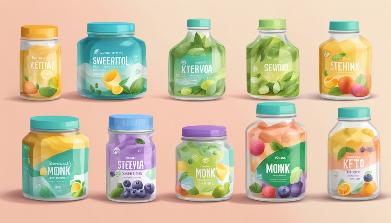 A kitchen countertop with a variety of keto sweeteners, such as stevia, erythritol, and monk fruit, arranged in colorful packaging and jars