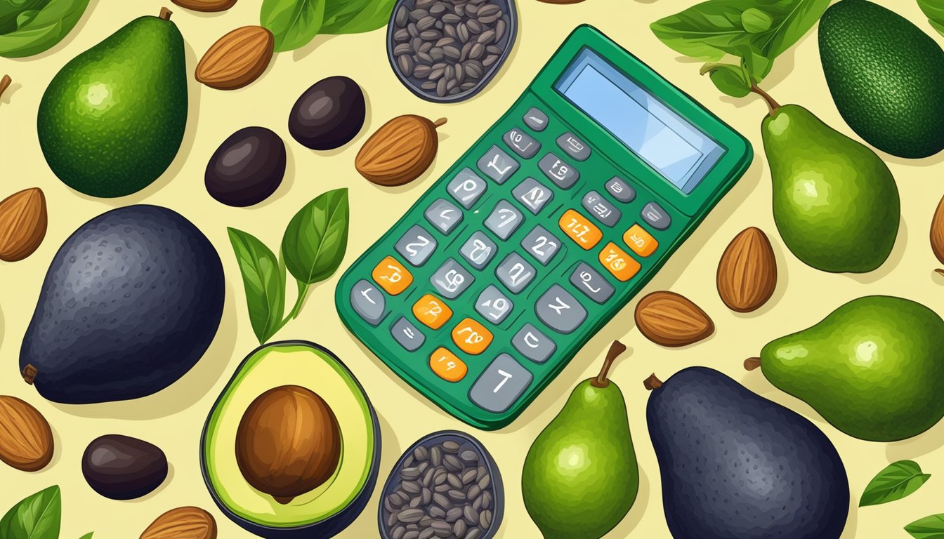 A colorful calculator surrounded by avocados, nuts, and olive oil