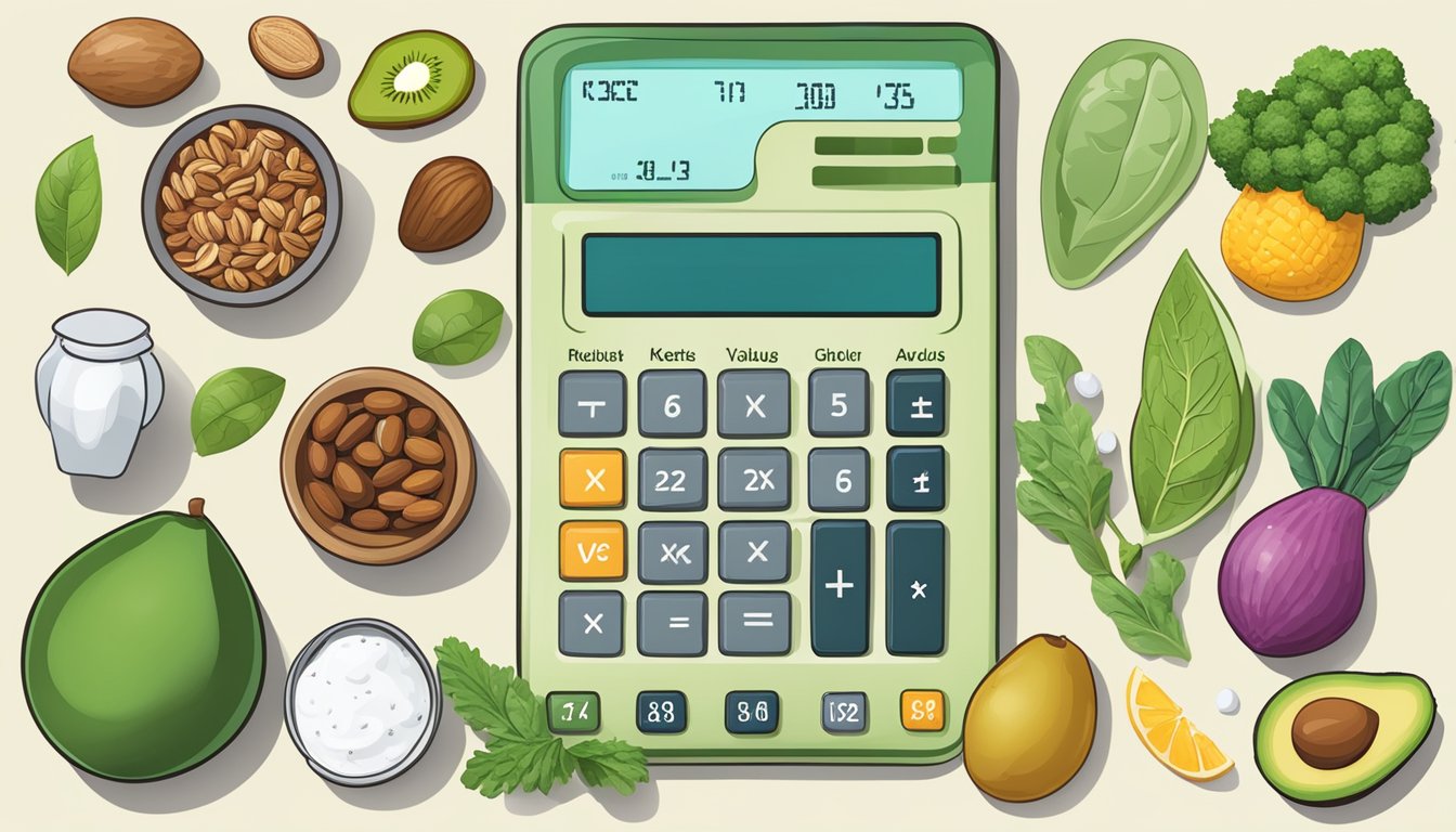 A calculator surrounded by various keto-friendly food items and ingredients, such as avocados, nuts, and leafy greens, with macro nutrient values displayed