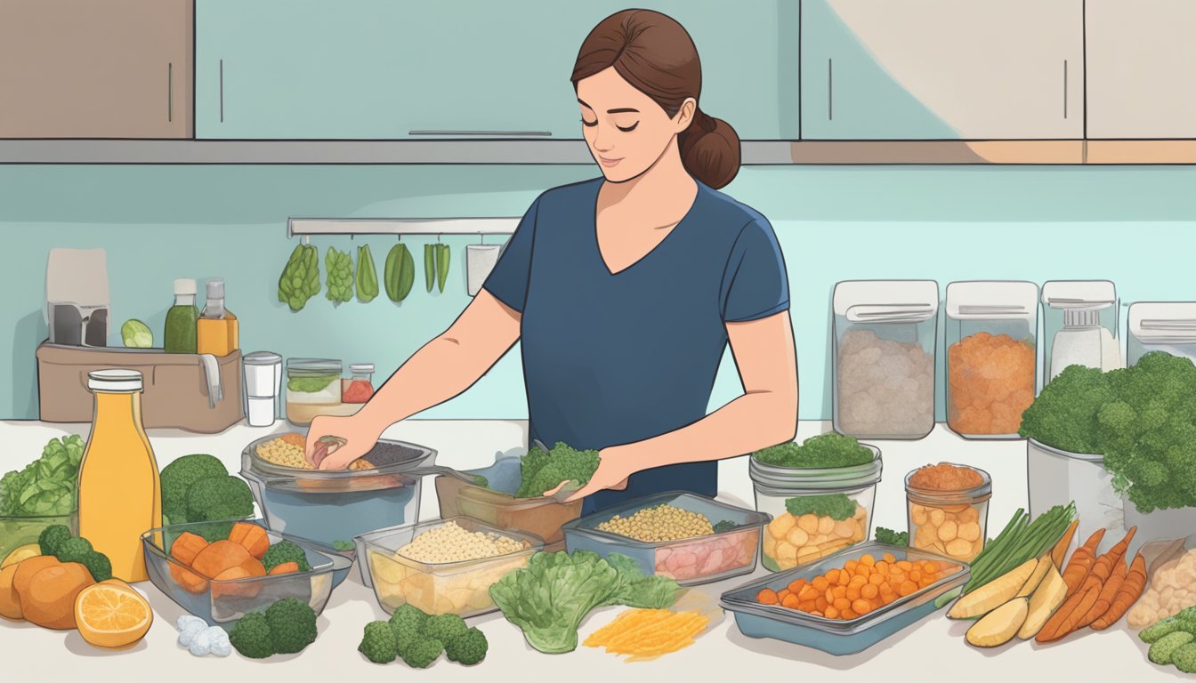 A person arranging a variety of frozen keto-friendly foods on a countertop to create a custom meal