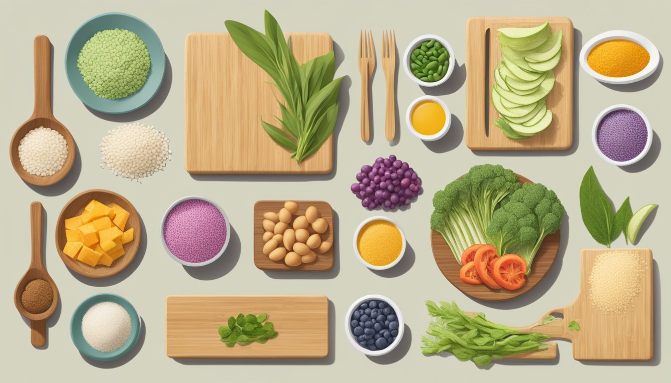 A variety of colorful, plant-based ingredients and allergen-free proteins displayed on a sustainable bamboo serving board, surrounded by eco-friendly packaging