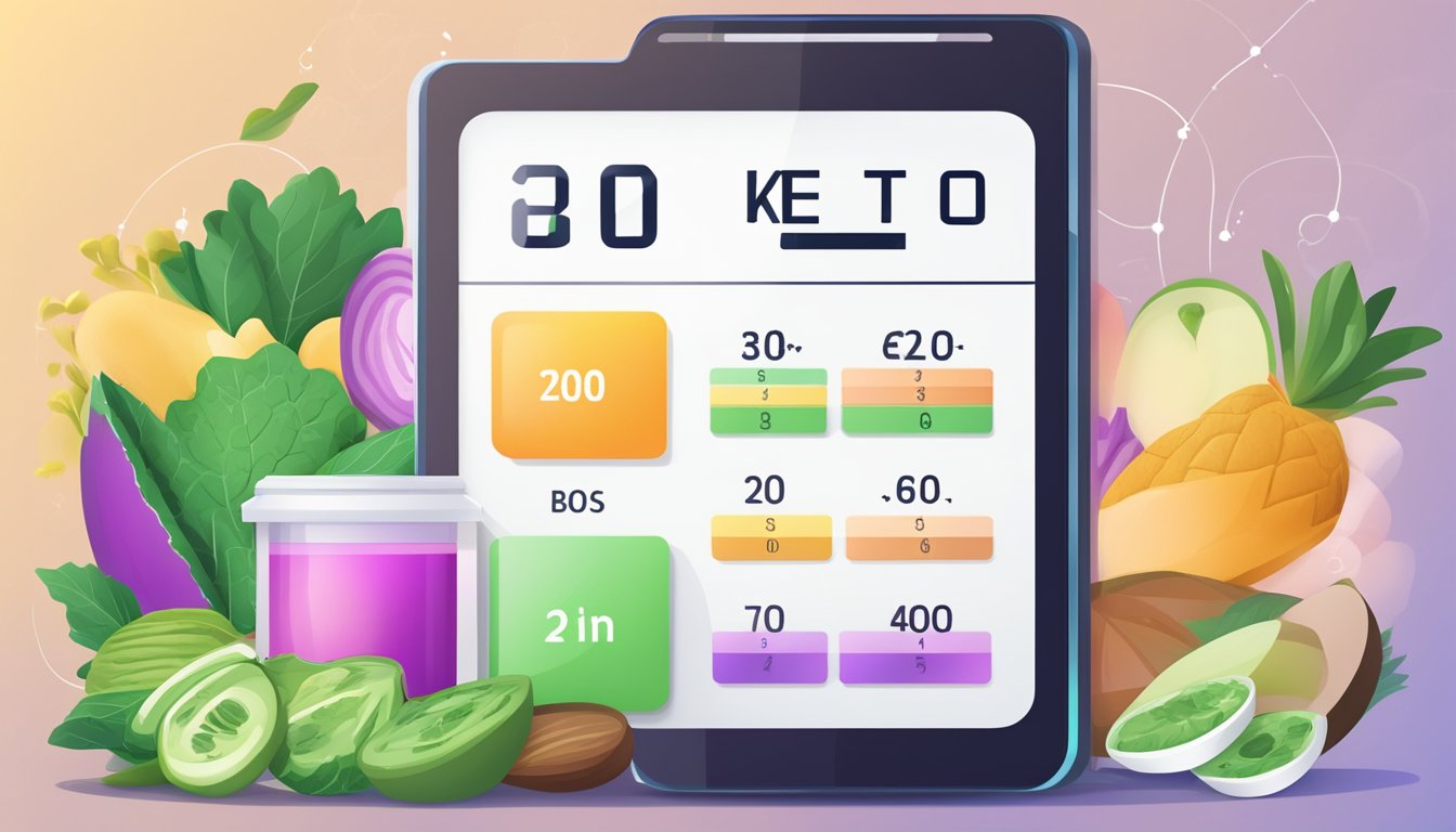 A digital screen displaying a keto diet macros calculator with various input fields and options for managing side effects and maintaining balance