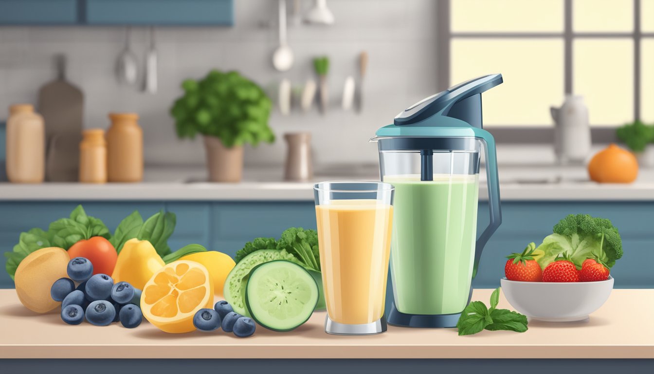 A glass of keto diet shake surrounded by fresh ingredients and a blender on a kitchen counter