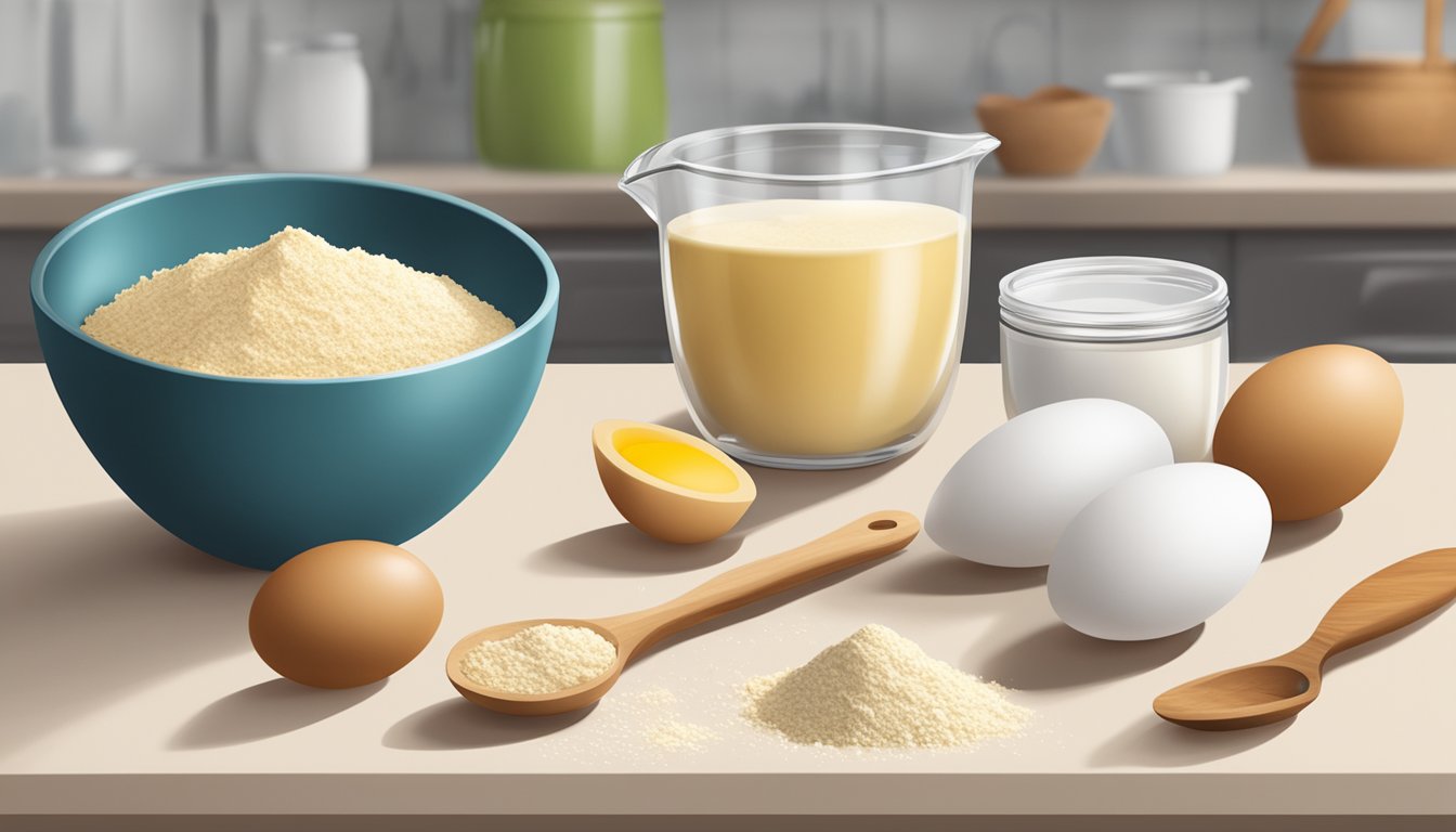 A kitchen counter with almond flour, coconut flour, eggs, and a mixing bowl