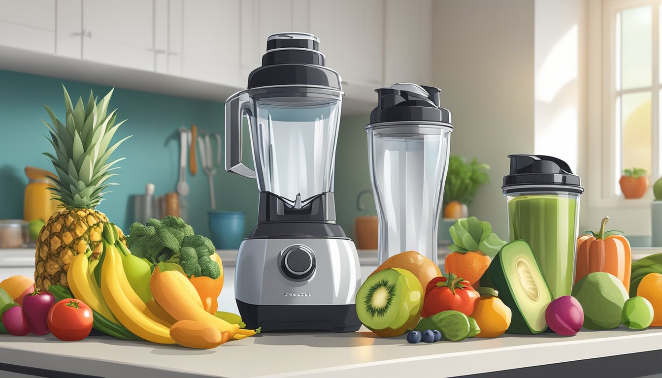 A colorful array of fresh fruits, vegetables, and protein powders arranged on a kitchen counter, with a blender and shaker bottle ready for use