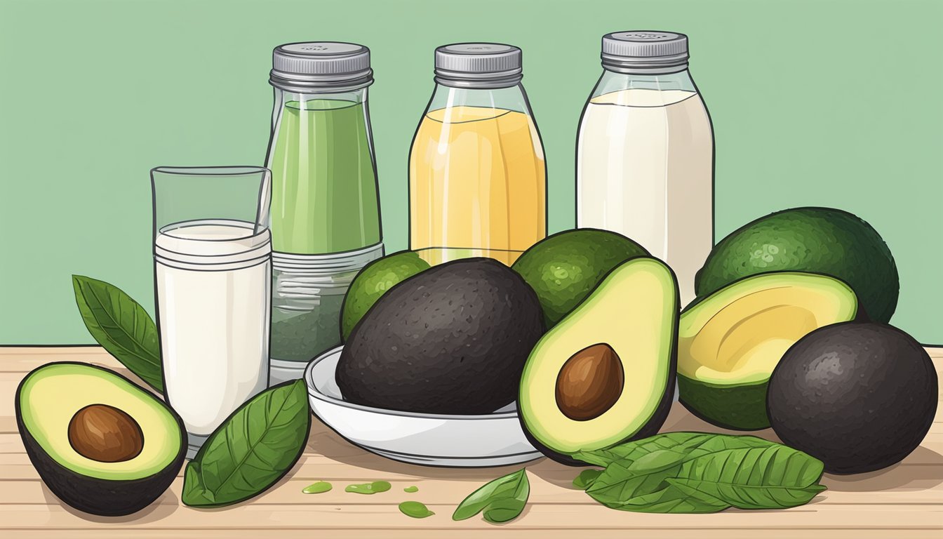 A table with various ingredients like avocados, coconut milk, and protein powder, alongside a blender and a shaker bottle