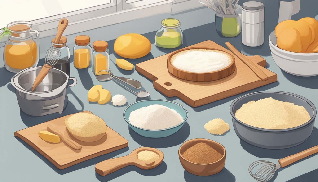 A kitchen counter with keto-friendly baking ingredients and tools neatly arranged for a recipe demonstration