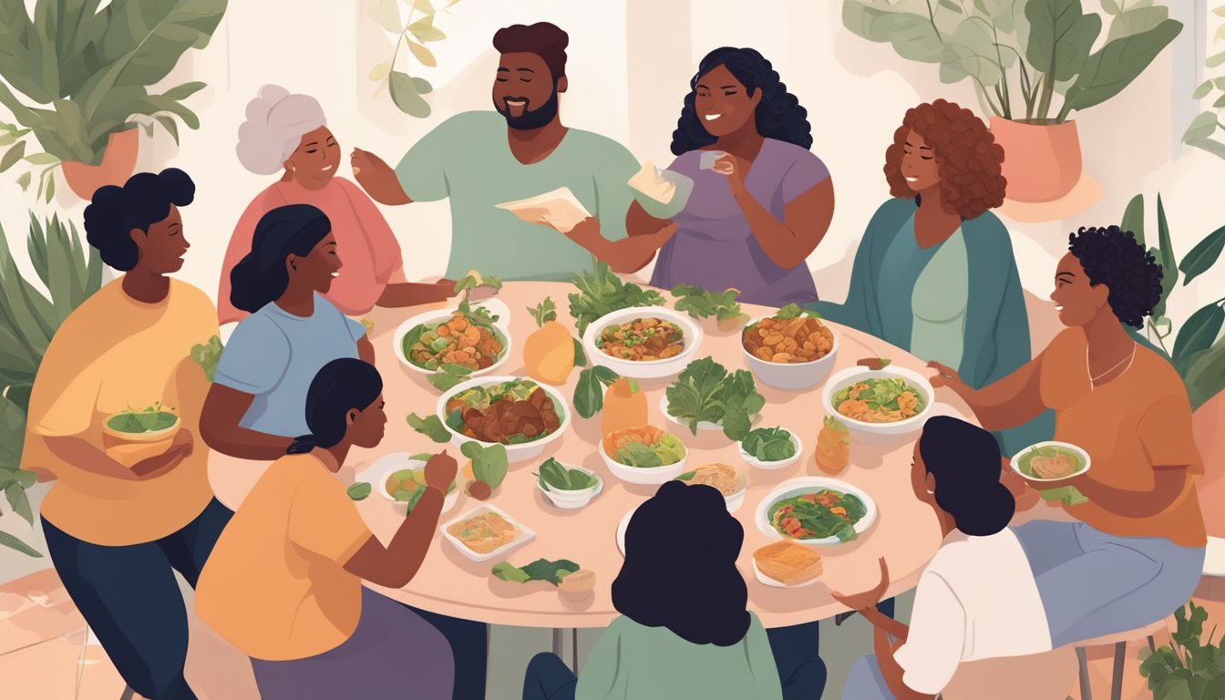 A group of diverse individuals gather in a circle, sharing recipes and success stories while offering encouragement and support for each other's keto diet journey