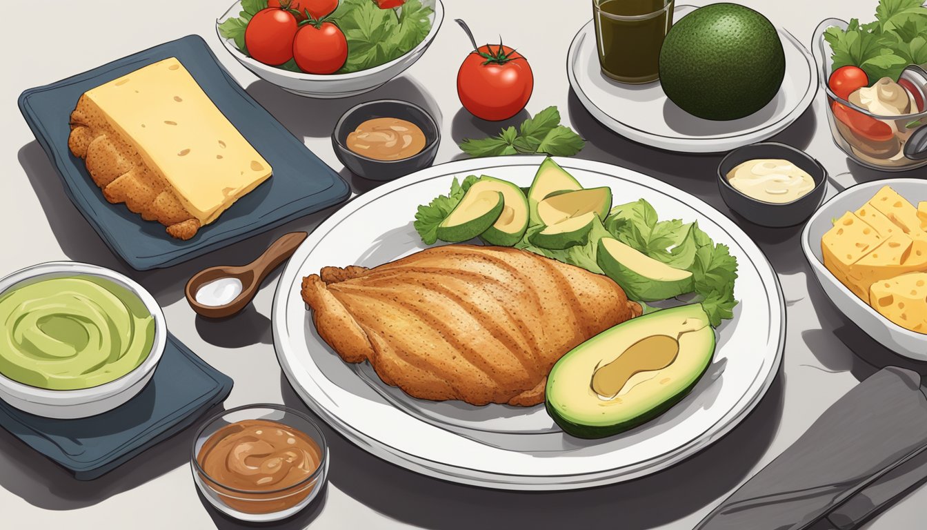 A keto chicken breast sits on a plate surrounded by various sauces and toppings, such as avocado, tomatoes, and cheese, ready to be prepared for a delicious and healthy meal