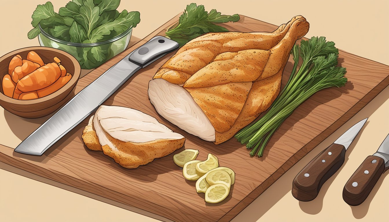 A kitchen counter with a cutting board, knife, and seasoned chicken breast. Ingredients like vegetables and spices are neatly arranged nearby