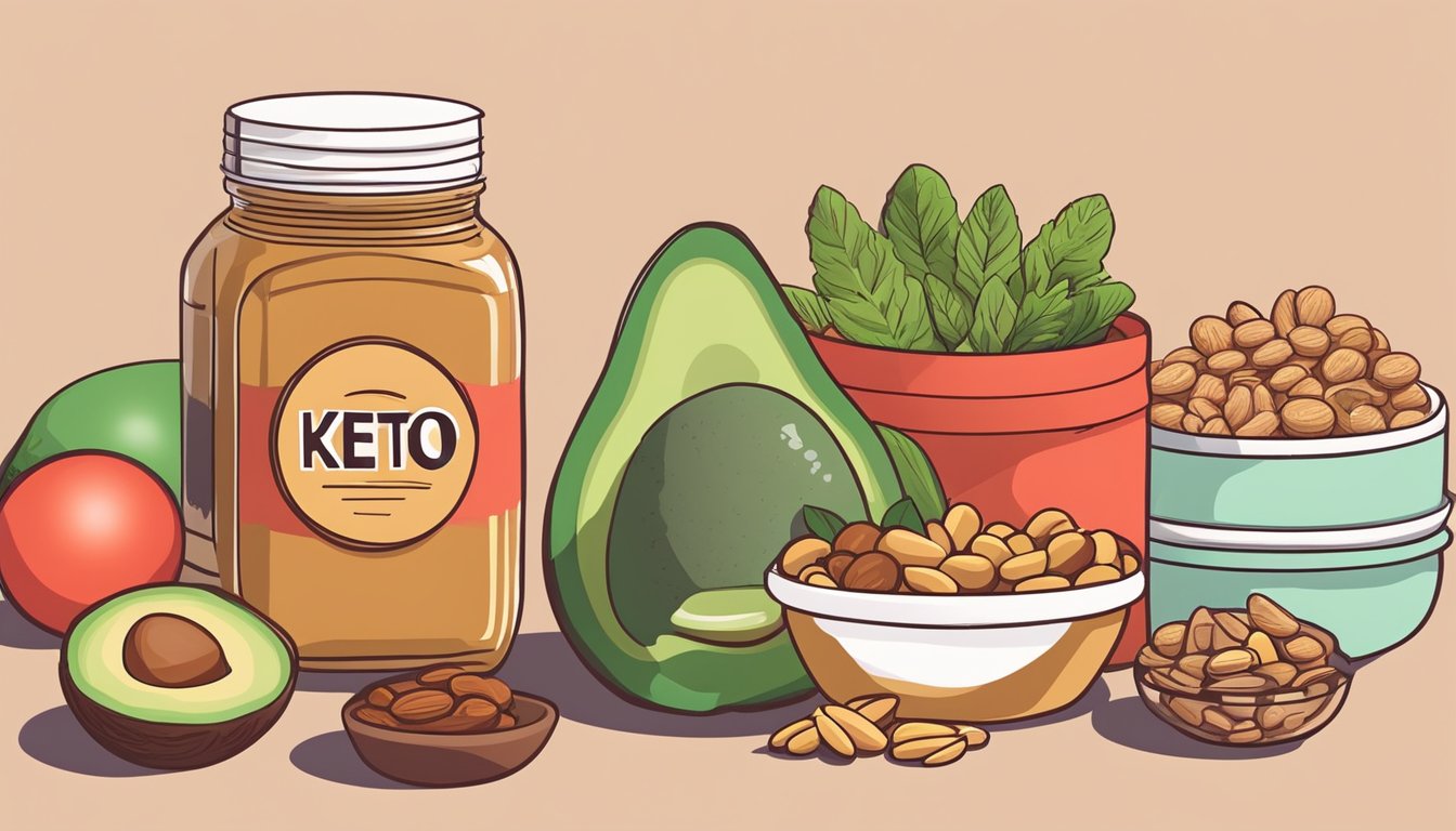 A jar of peanut butter next to a red circle with a line through it, surrounded by keto-friendly foods like avocado, nuts, and vegetables