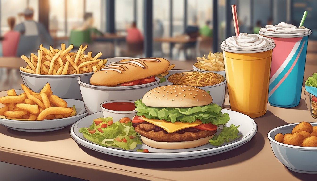 A table with keto-friendly fast food options and beverages