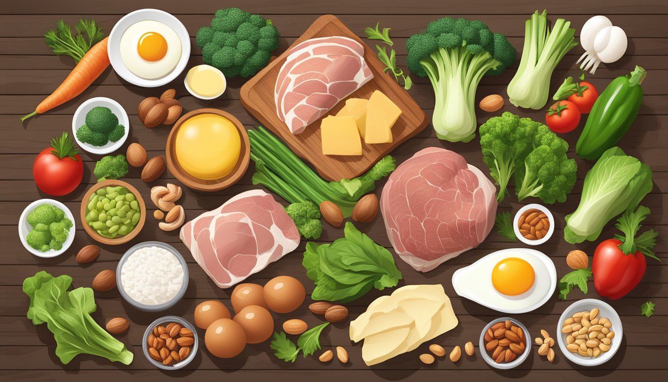 A colorful array of low-carb vegetables, lean meats, eggs, nuts, and healthy fats spread out on a wooden table