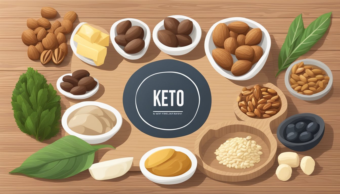 A variety of keto-friendly ingredients, such as nuts, seeds, and whey protein, displayed on a wooden cutting board