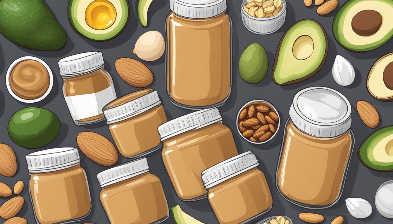 A jar of peanut butter surrounded by keto-friendly foods like avocado, eggs, and nuts on a kitchen counter